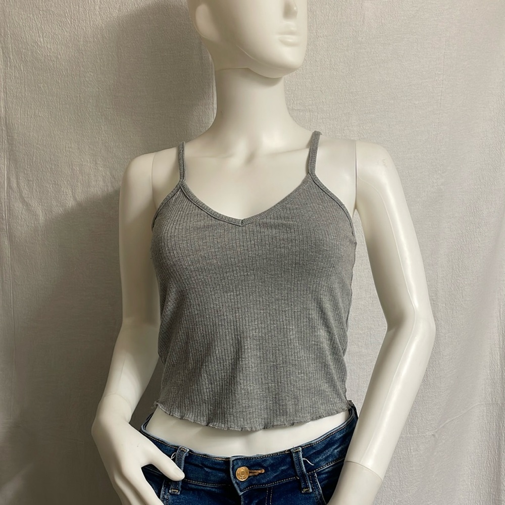 Grey Ribbed V-Neck Cropped Cami Tank Top